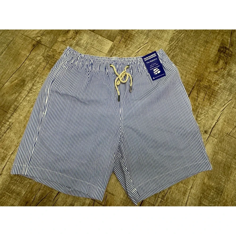 Fair Harbor The Bayberry Swim Trunks Blue White Seersucker Stripe Mens Small